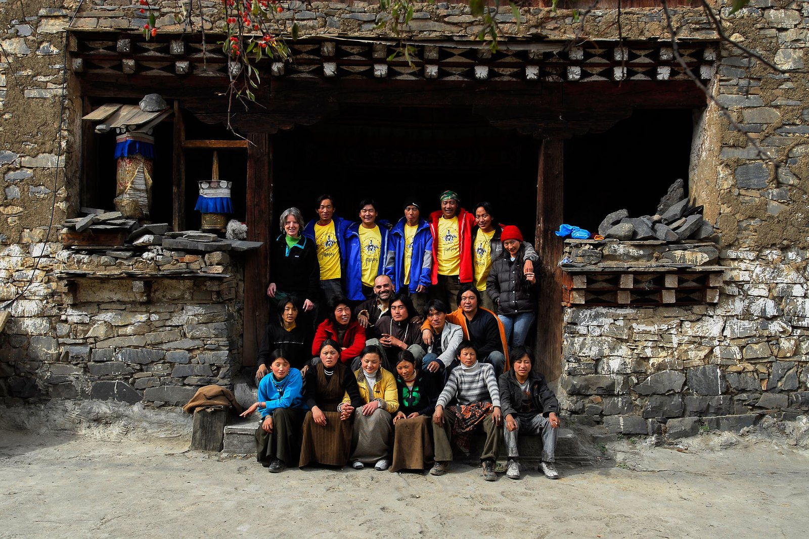 View of the restoration team in front of Kyi Lhakhang