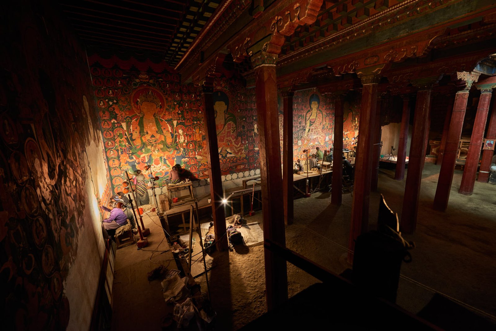interior of tubchen monastery during the reconstruction work